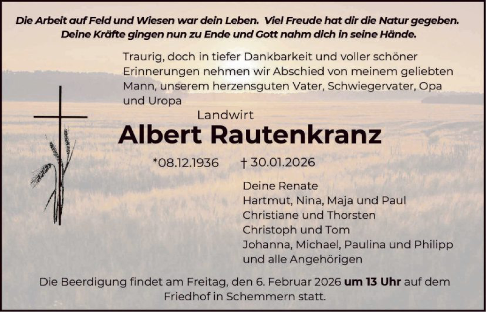  Traueranzeige für Albert Rautenkranz vom 03.02.2026 aus WRSHNA