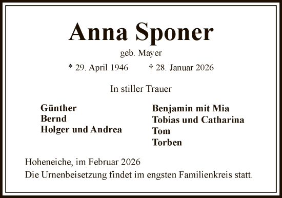 Traueranzeige von Anna Sponer von WRS