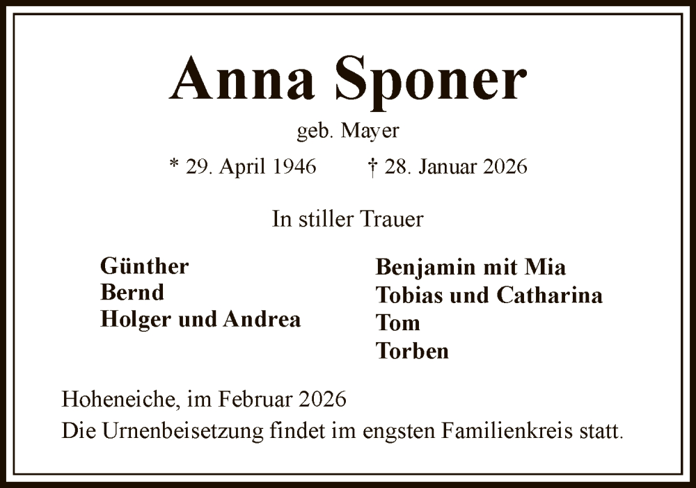  Traueranzeige für Anna Sponer vom 07.02.2026 aus WRS