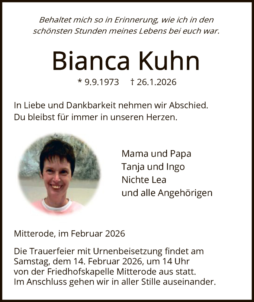  Traueranzeige für Bianca Kuhn vom 07.02.2026 aus WRS