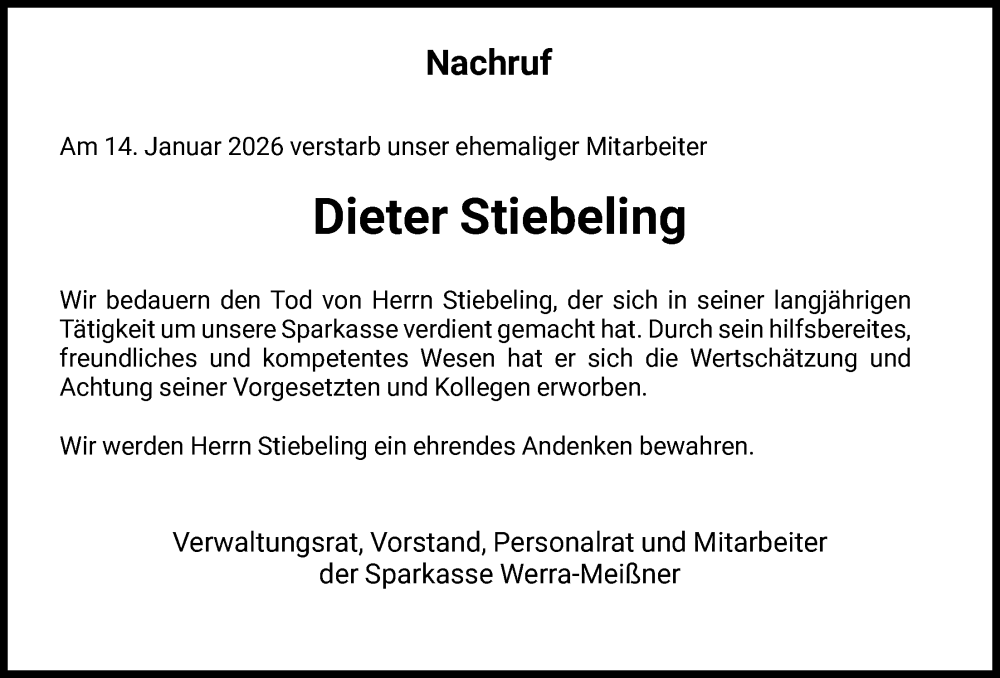  Traueranzeige für Dieter Stiebeling vom 07.02.2026 aus WRS