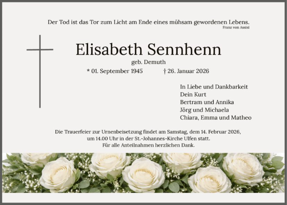  Traueranzeige für Elisabeth Sennhenn vom 07.02.2026 aus WRS