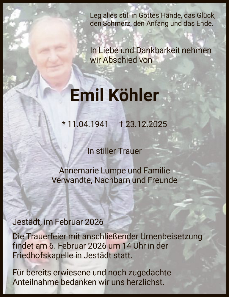  Traueranzeige für Emil Köhler vom 04.02.2026 aus WRS