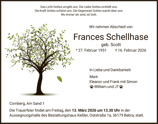 Traueranzeige von Frances Schellhase von HNAWRS