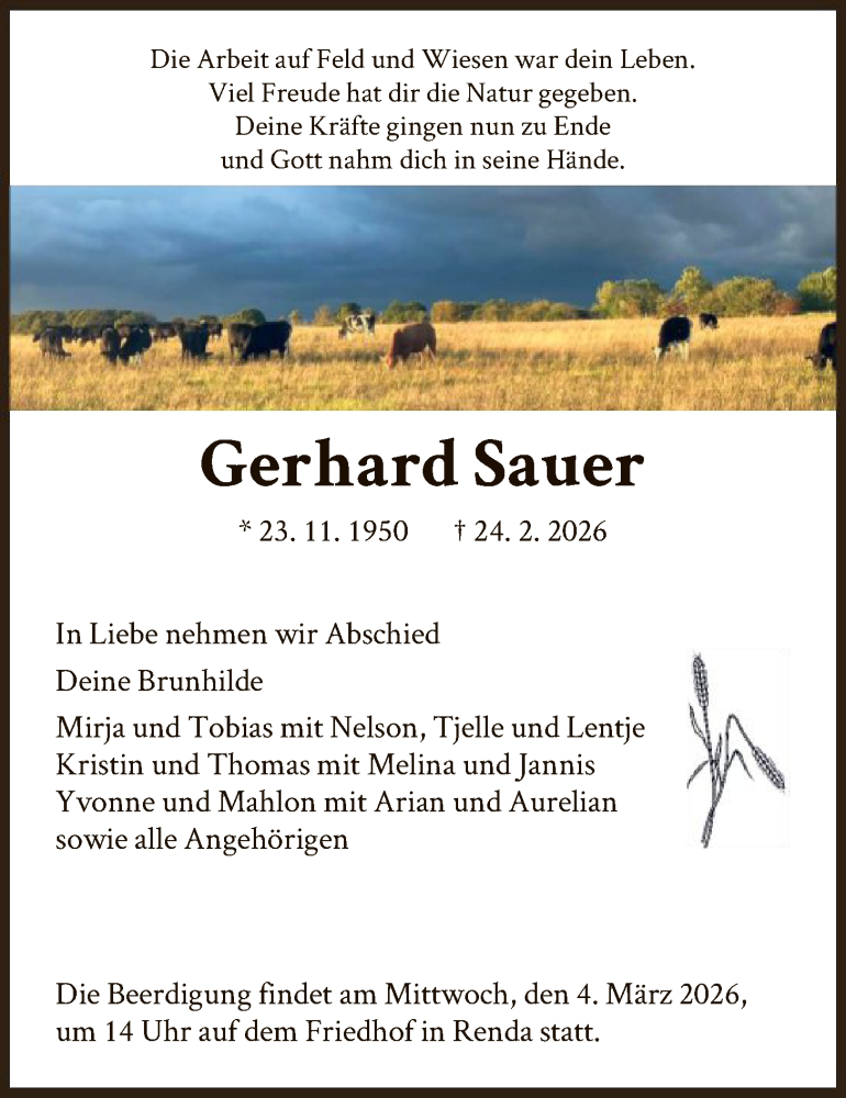  Traueranzeige für Gerhard Sauer vom 28.02.2026 aus WRS