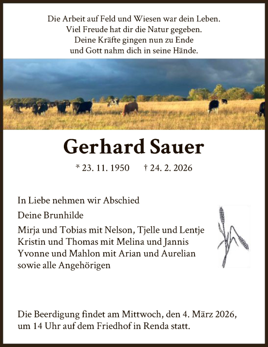 Traueranzeige von Gerhard Sauer von WRS