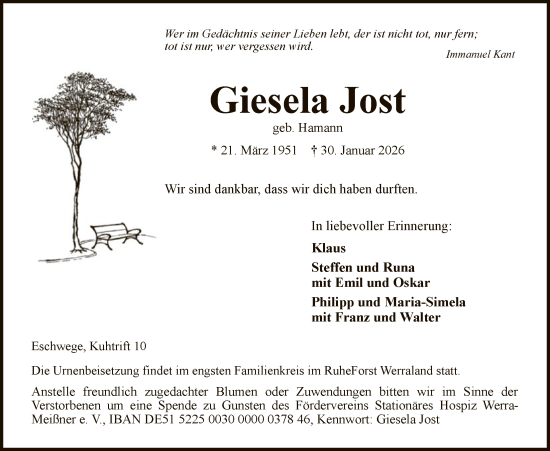 Traueranzeige von Giesela Jost von WRS