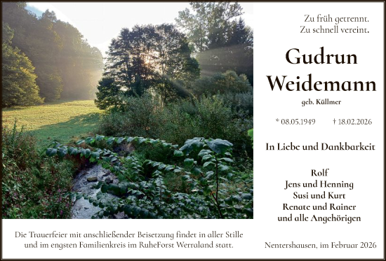 Traueranzeige von Gudrun Weidemann von HNAWRS