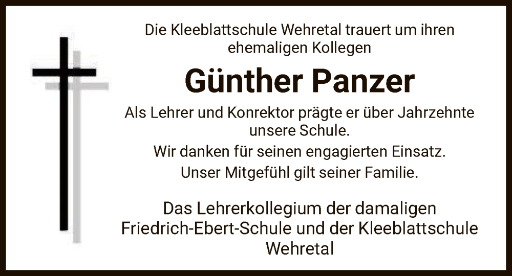  Traueranzeige für Günther Panzer vom 07.02.2026 aus WRS