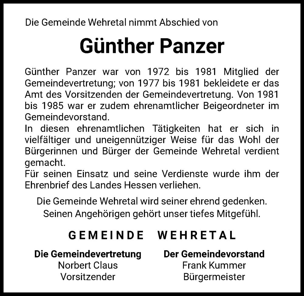  Traueranzeige für Günther Panzer vom 06.02.2026 aus WRS