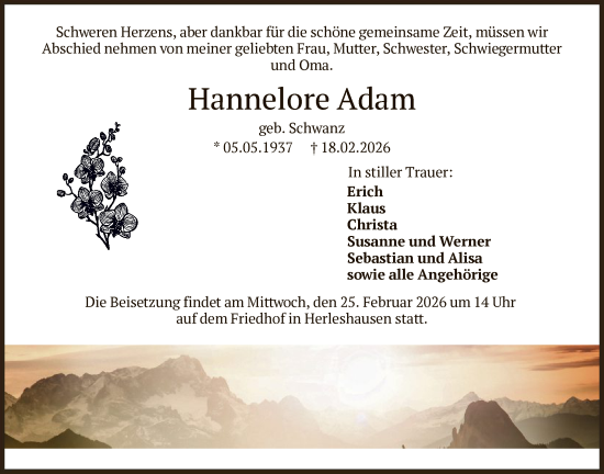 Traueranzeige von Hannelore Adam von WRS