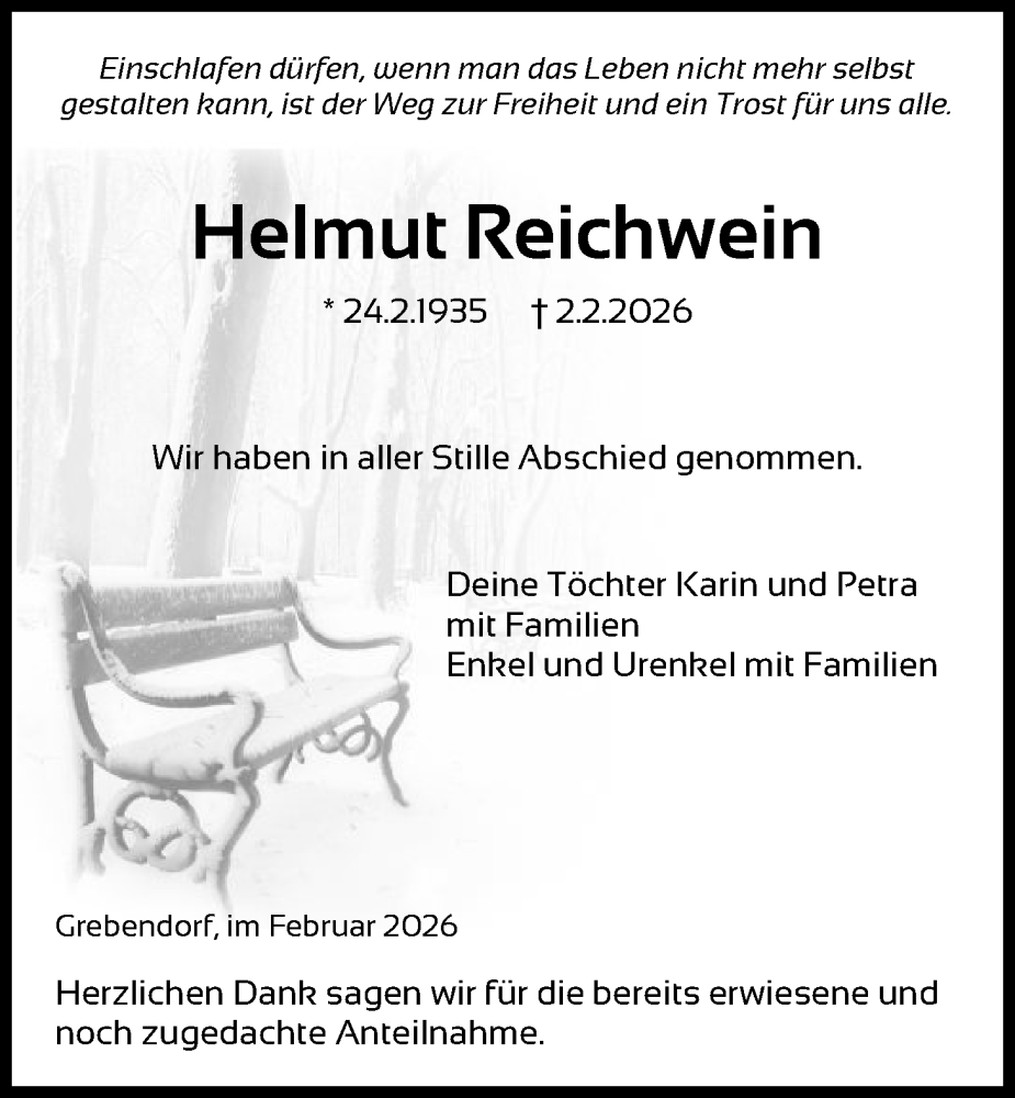  Traueranzeige für Helmut Reichwein vom 14.02.2026 aus WRS