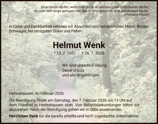 Traueranzeige von Helmut Wenk von WRS