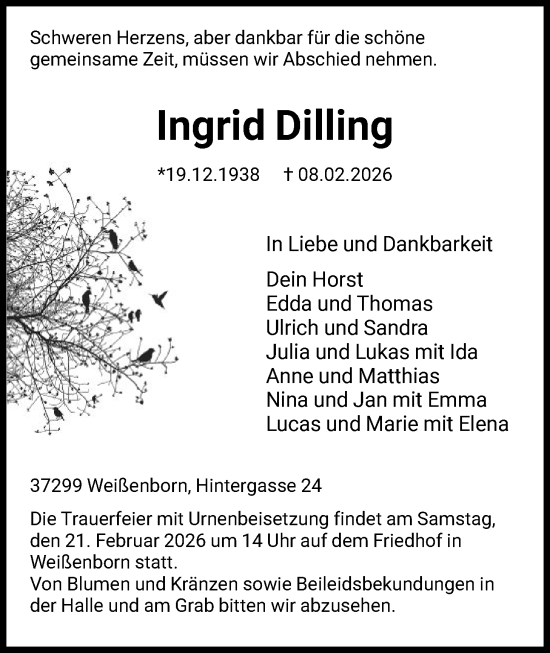 Traueranzeige von Ingrid Dilling von WRS