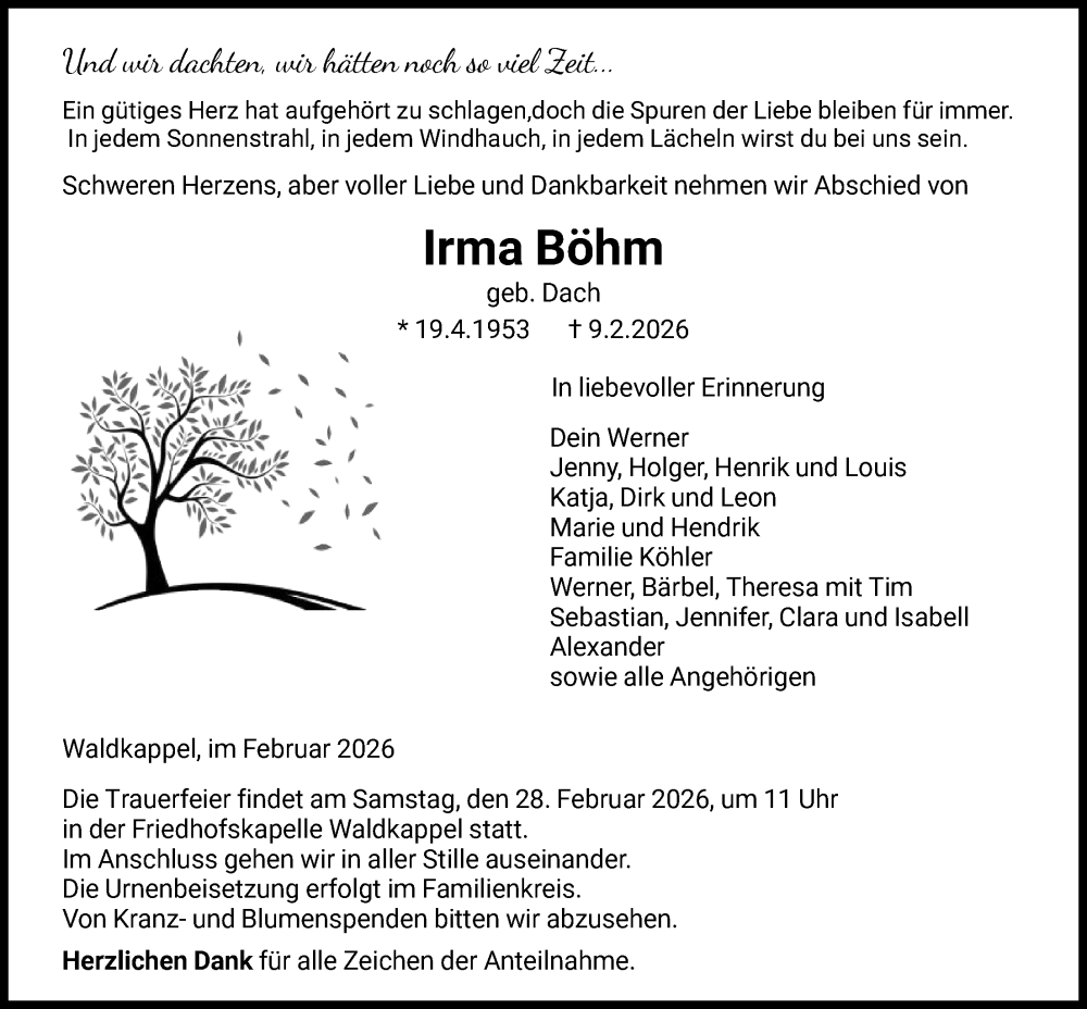  Traueranzeige für Irma Böhm vom 21.02.2026 aus WRS