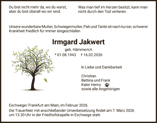 Traueranzeige von Irmgard Jakwert von WRS