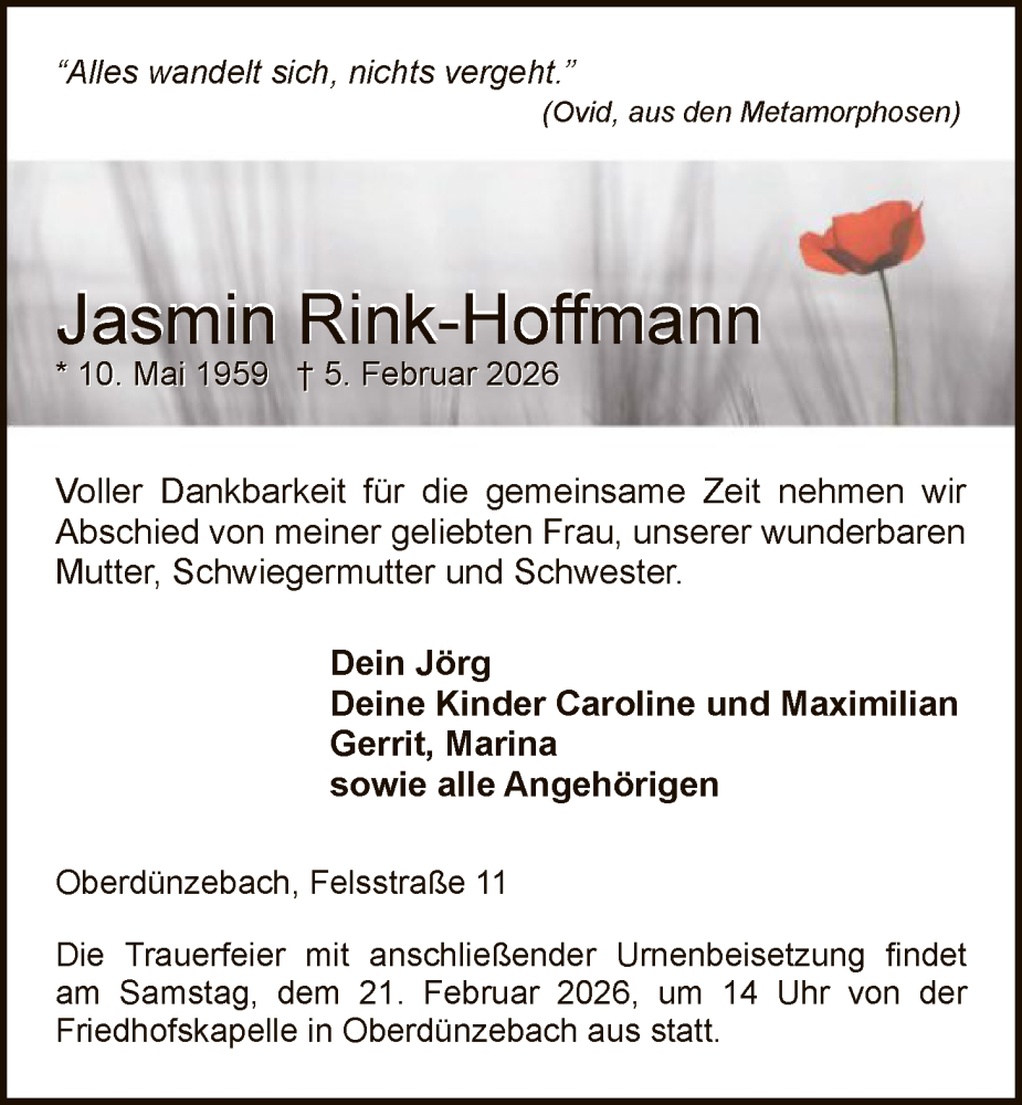  Traueranzeige für Jasmin Rink-Hoffmann vom 14.02.2026 aus WRS