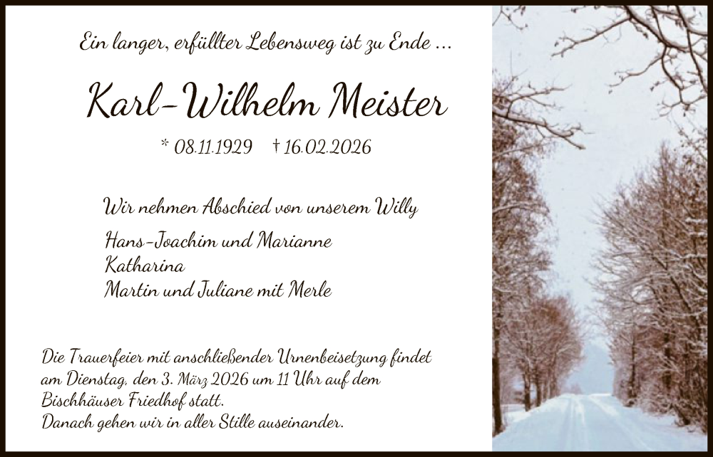  Traueranzeige für Karl-Wilhelm Meister vom 28.02.2026 aus WRS