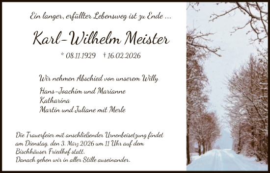 Traueranzeige von Karl-Wilhelm Meister von WRS