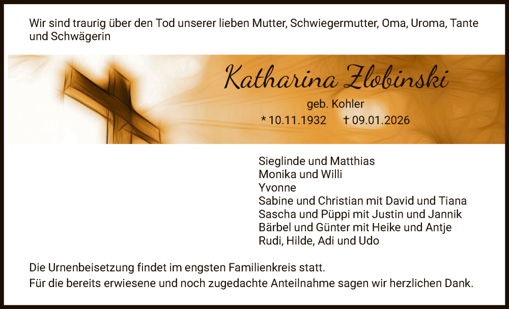  Traueranzeige für Katharina Zlobinski vom 07.02.2026 aus WRS