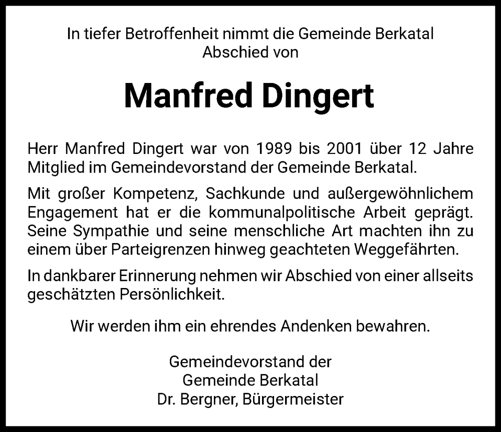  Traueranzeige für Manfred Dingert vom 05.02.2026 aus WRS