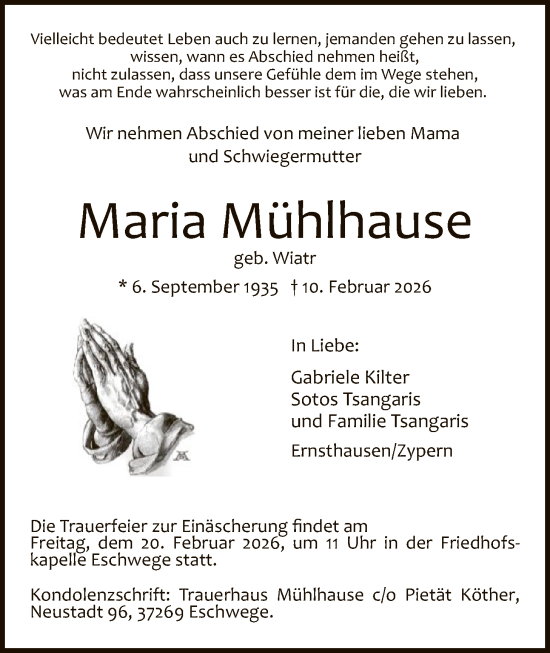 Traueranzeige von Maria Mühlhause von WRS