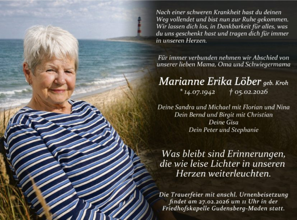  Traueranzeige für Marianne Erika Löber vom 14.02.2026 aus HNAWRS