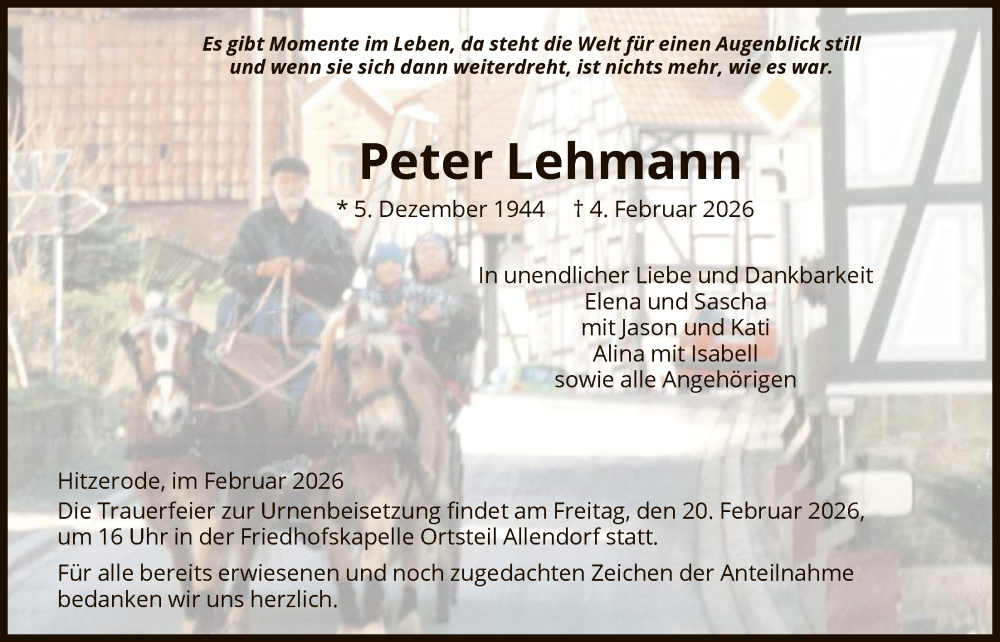  Traueranzeige für Peter Lehmann vom 14.02.2026 aus WRSHNAWRSHNA