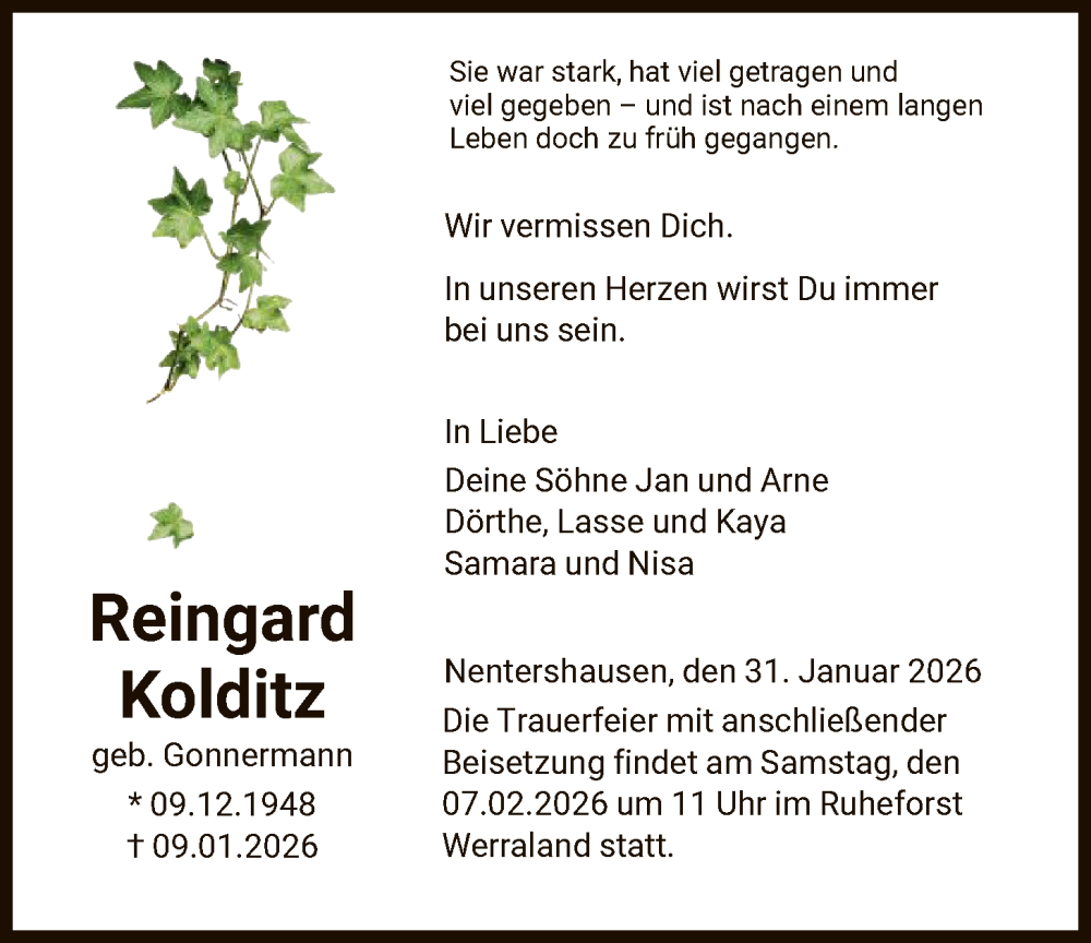  Traueranzeige für Reingard Kolditz vom 04.02.2026 aus WRS