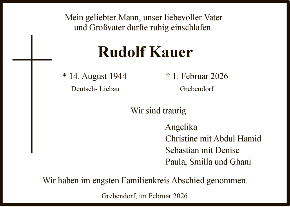  Traueranzeige für Rudolf Kauer vom 09.02.2026 aus WRS