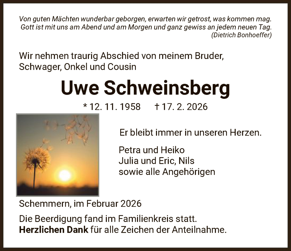 Traueranzeige für Uwe Schweinsberg vom 28.02.2026 aus WRS