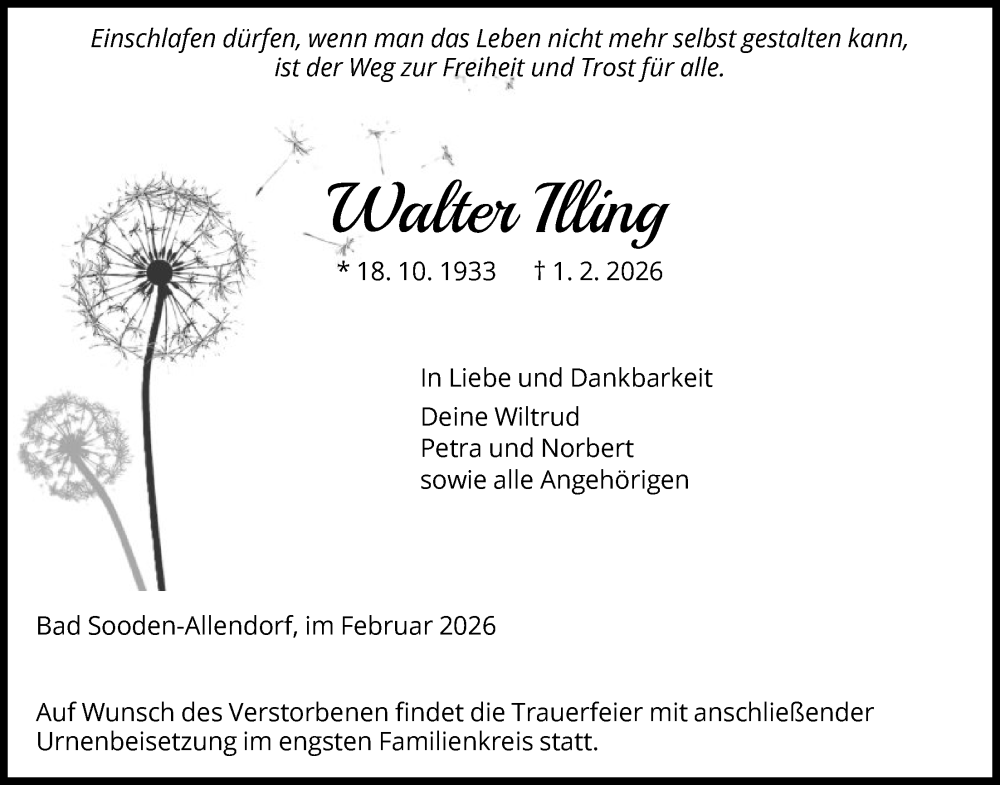  Traueranzeige für Walter Illing vom 18.02.2026 aus WRSHNA