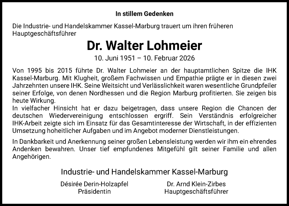  Traueranzeige für Walter Lohmeier vom 21.02.2026 aus HNAWLZ