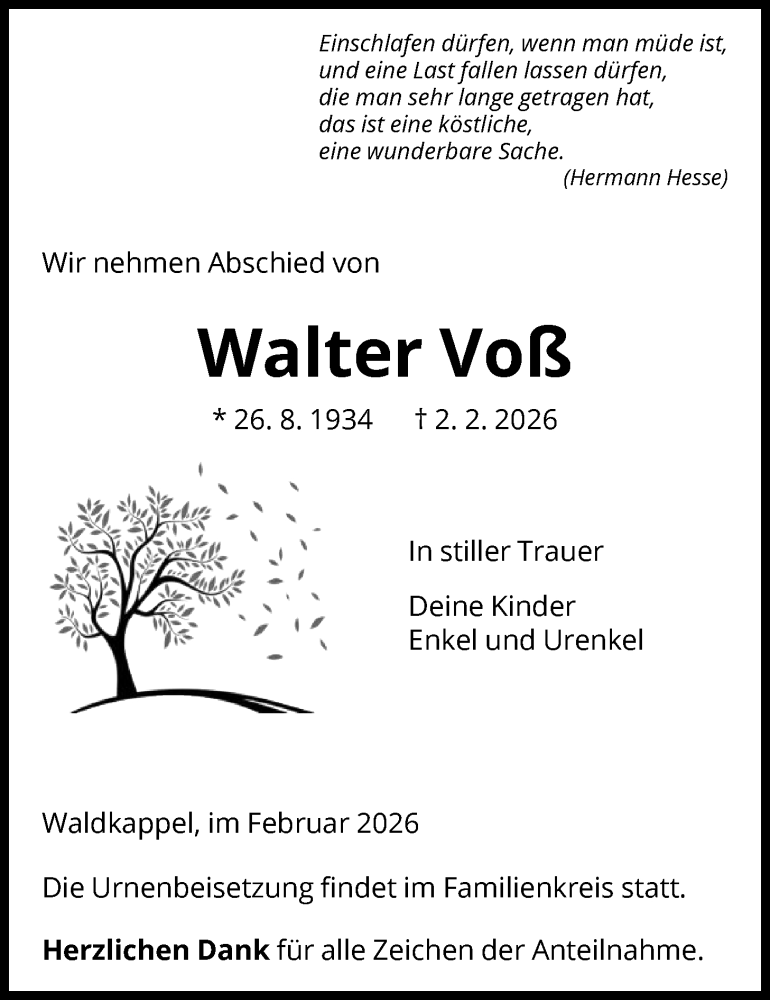  Traueranzeige für Walter Voß vom 14.02.2026 aus WRS
