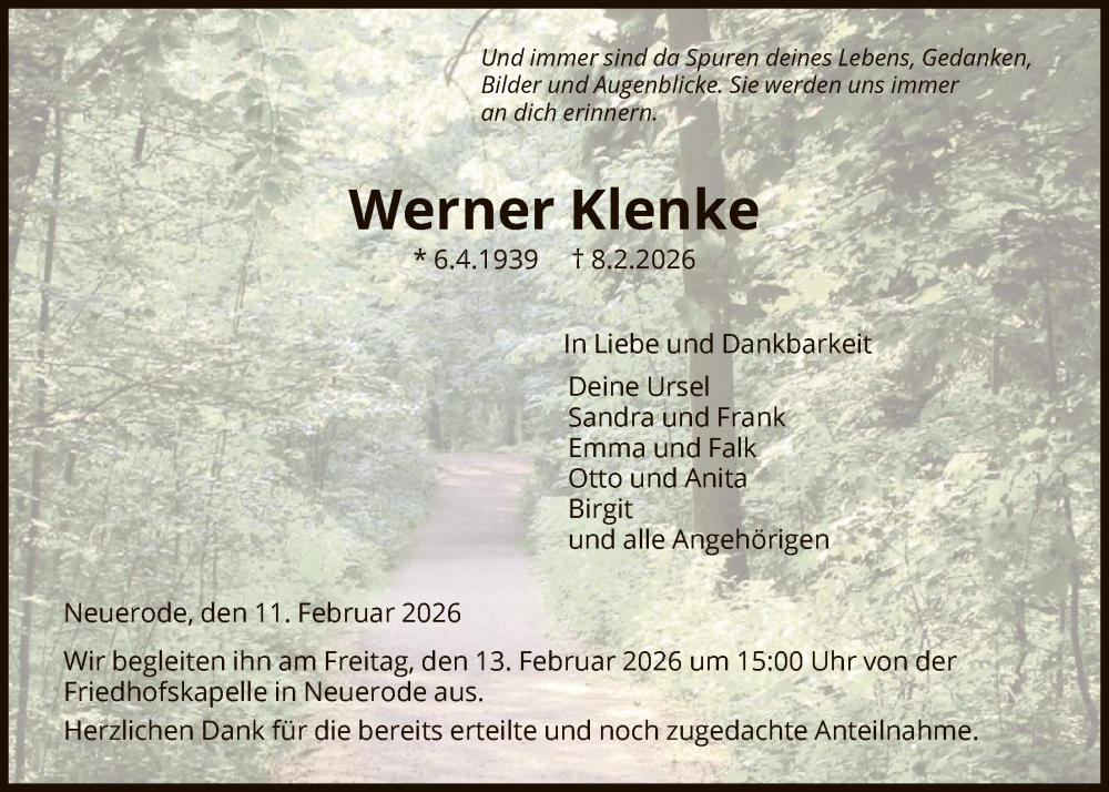  Traueranzeige für Werner Klenke vom 11.02.2026 aus WRS